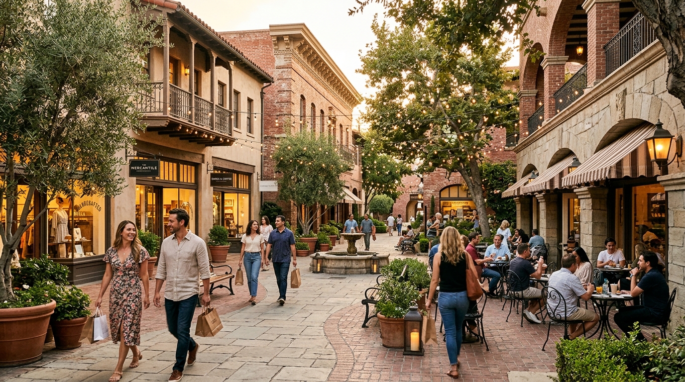 Historic shopping courtyard in Old Pasadena at golden hour