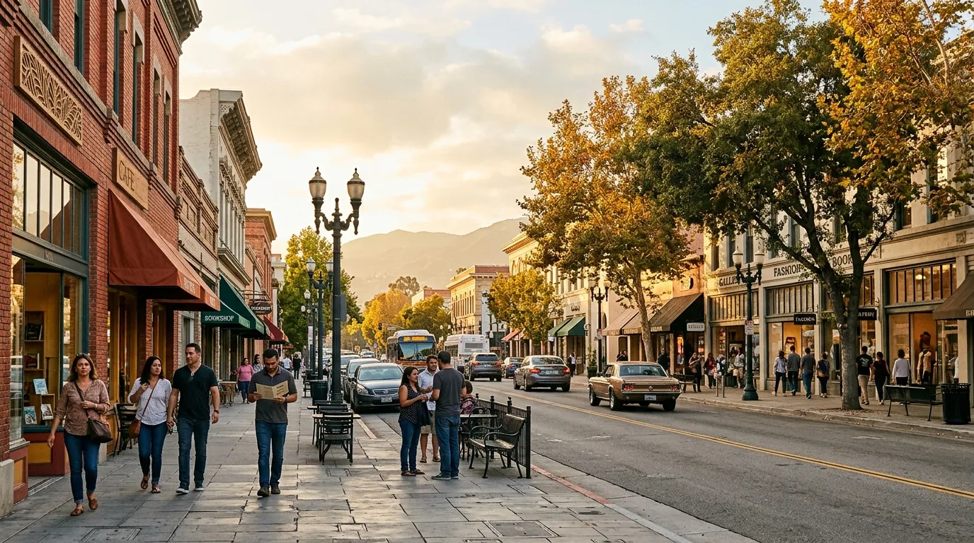 Historic storefronts and pedestrians in Old Town Pasadena at golden hour