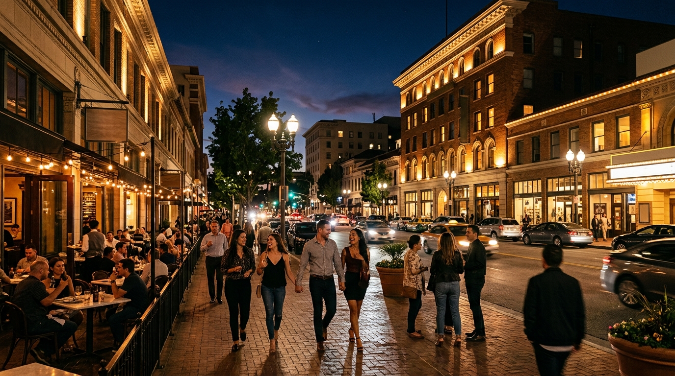 Old Pasadena restaurants and historic streets after dark