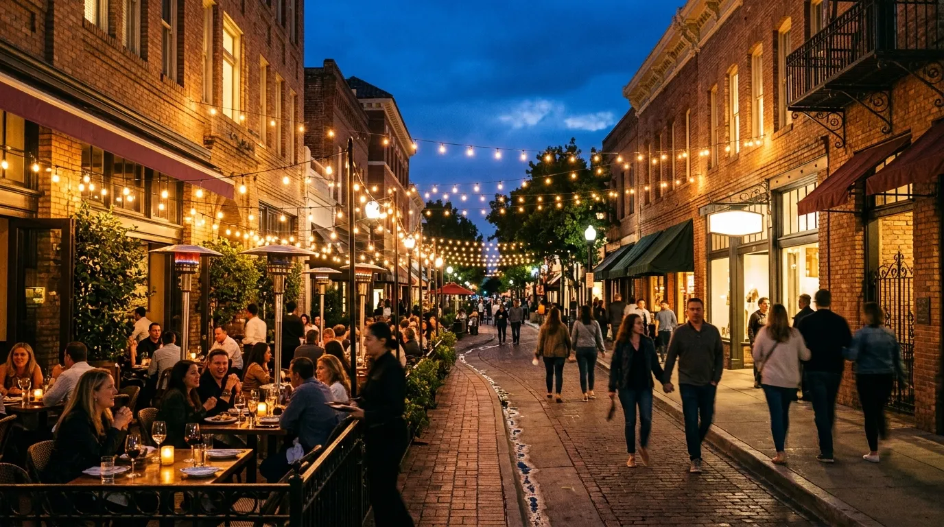 Old Town Pasadena streets and patios at blue hour