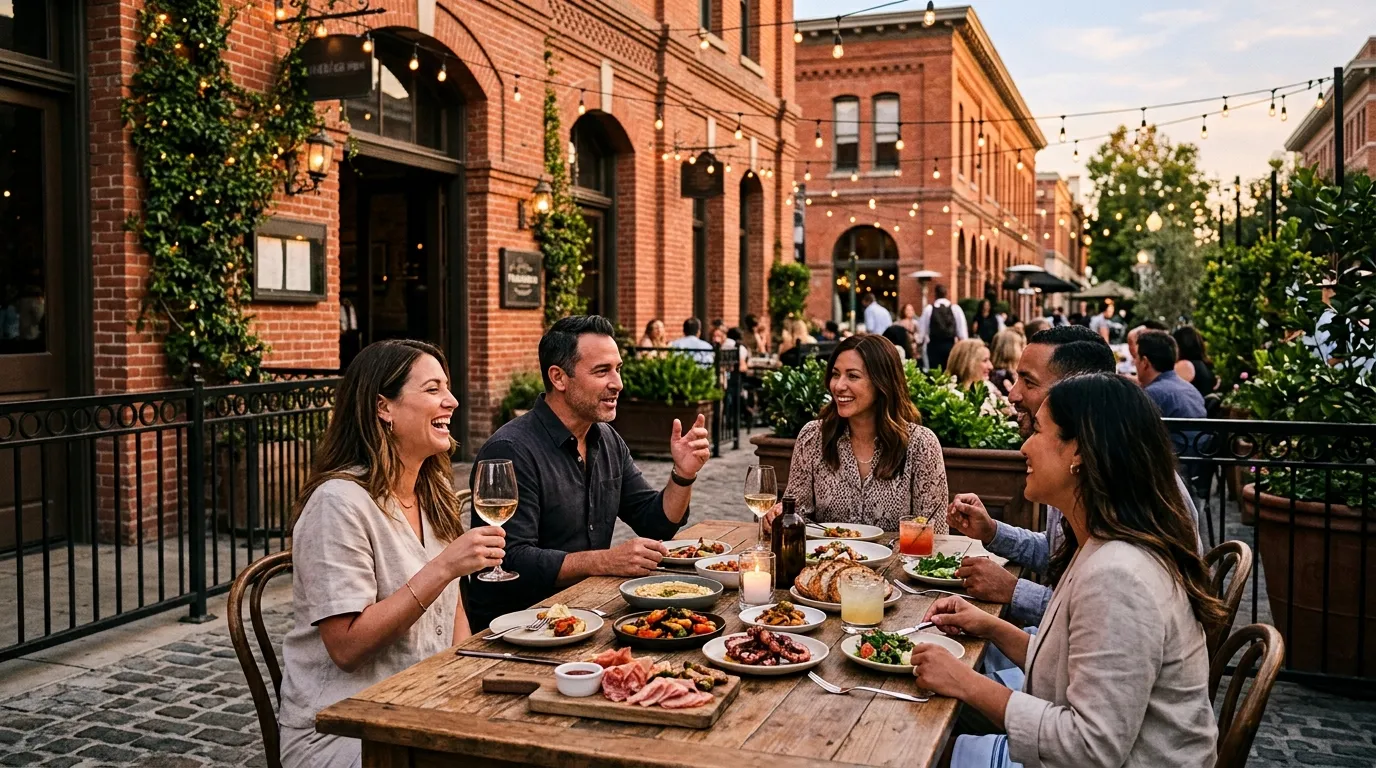 Outdoor dining patio in Old Town Pasadena at evening