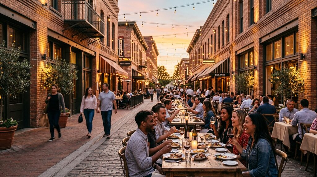 Outdoor restaurant patios during an evening in Old Pasadena