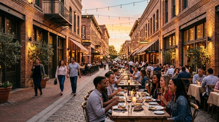 Outdoor restaurant patios during an evening in Old Pasadena