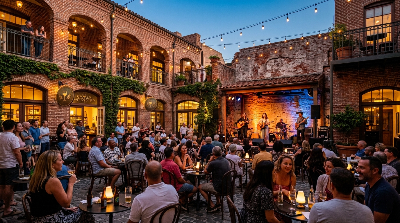 Outdoor summer concert in a historic Old Pasadena courtyard