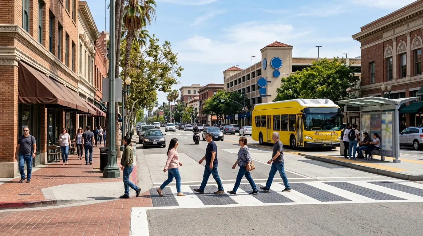 Pedestrians crossing a walkable street in Old Town Pasadena