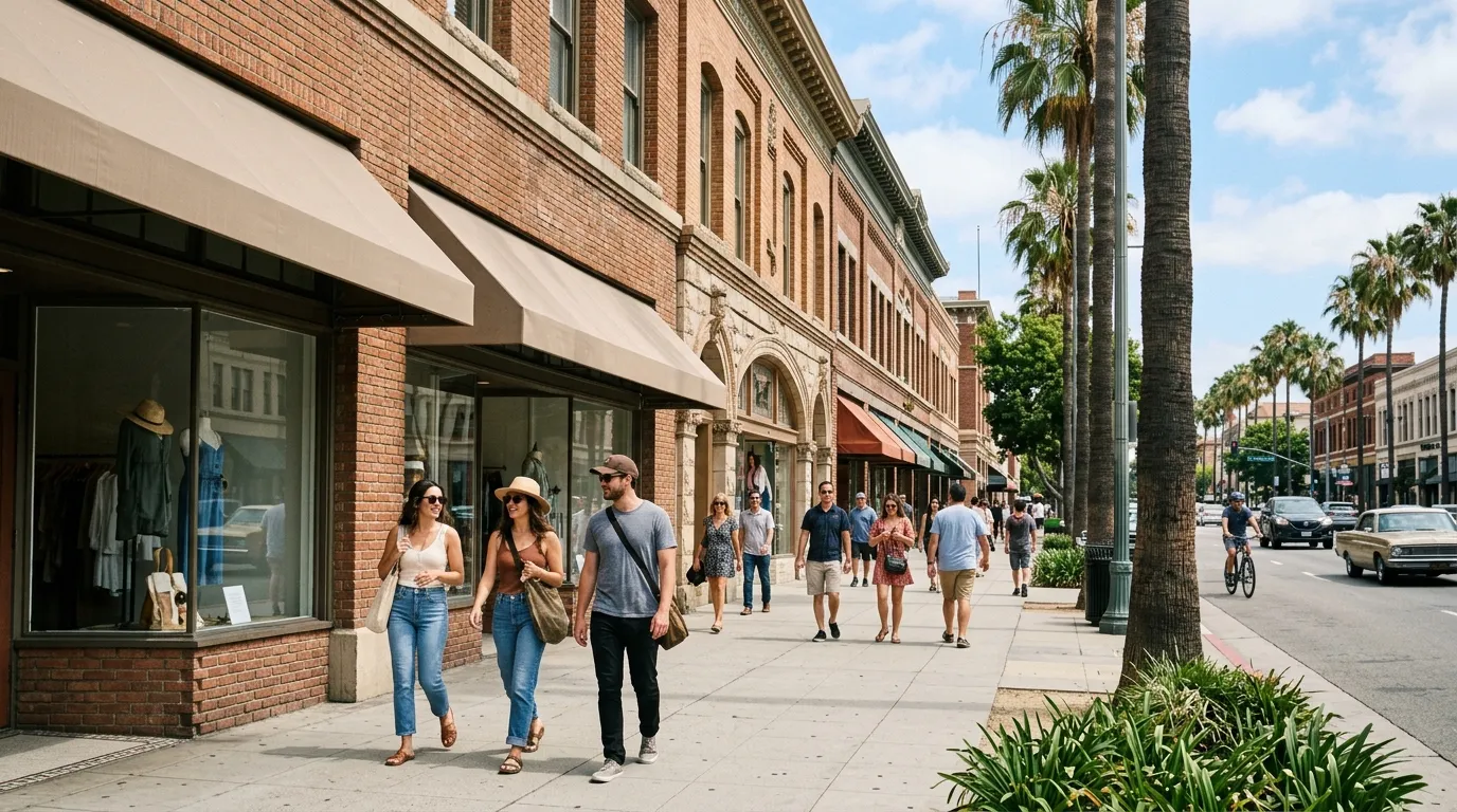 Pedestrians exploring historic streets in Old Town Pasadena