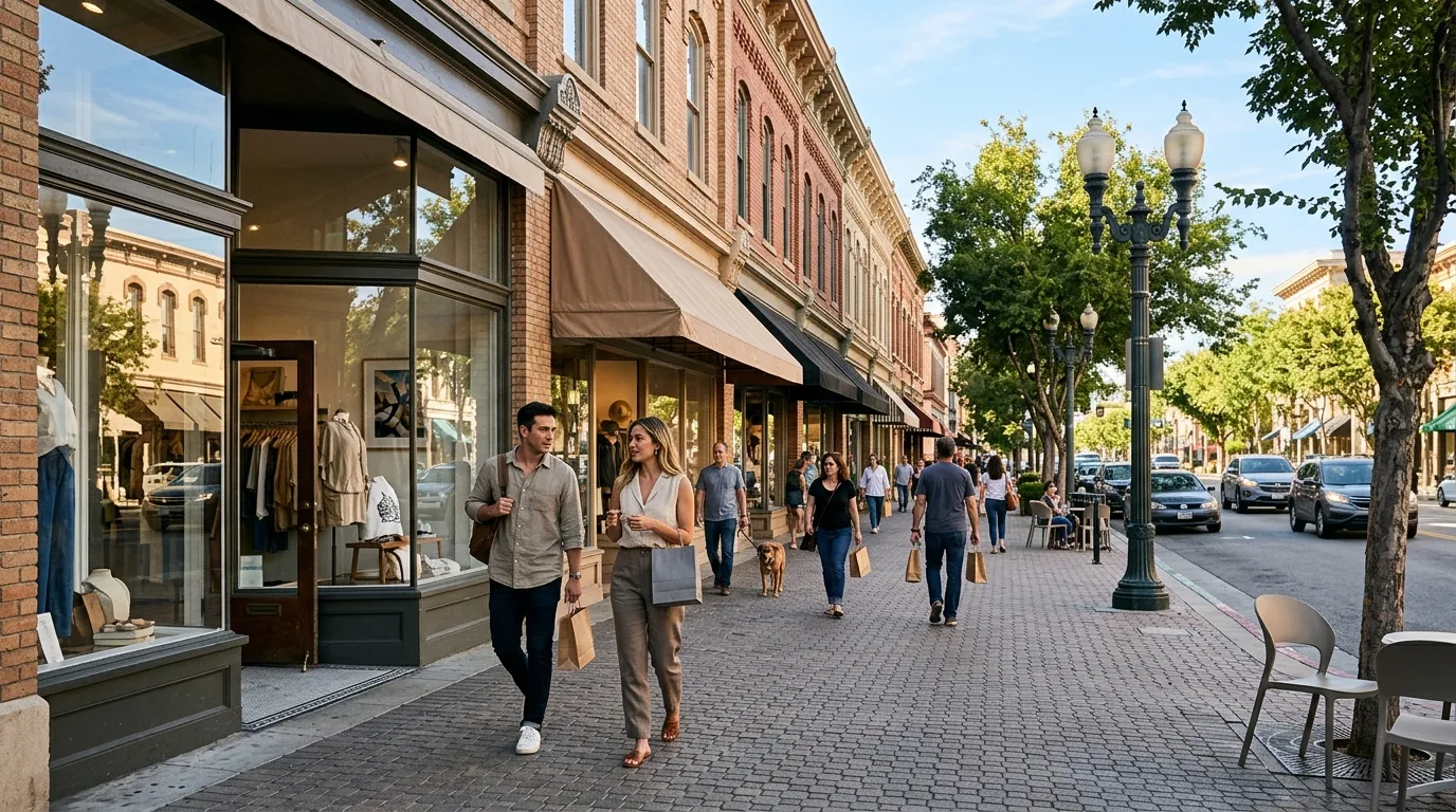 Shoppers walking past historic storefronts in Old Town Pasadena