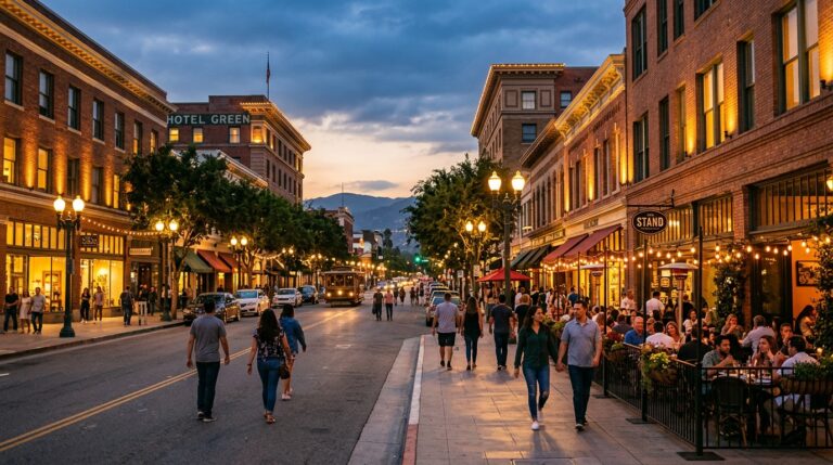Summer evening in historic Old Pasadena with pedestrians and outdoor dining