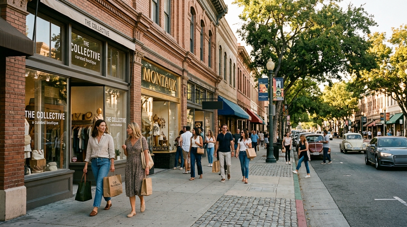 Visitors shopping at historic storefronts in Old Pasadena