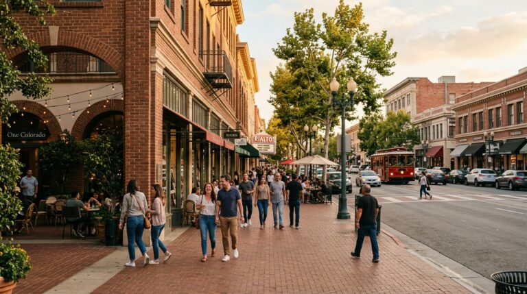 Visitors spending a weekend day exploring historic Old Pasadena