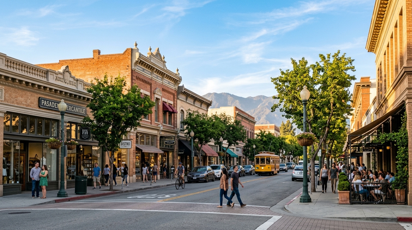 Visitors walking along historic Colorado Boulevard in Old Pasadena