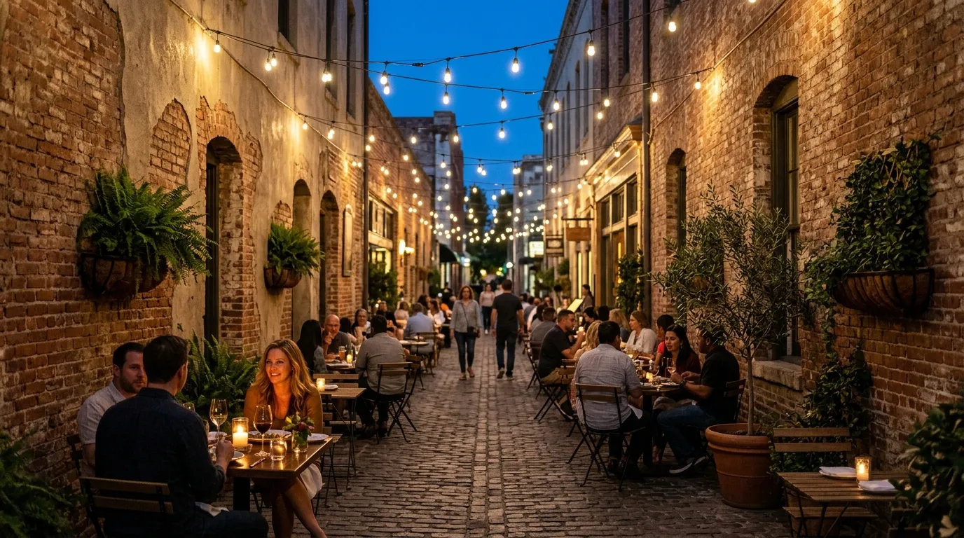 Warmly lit historic pedestrian alley in Old Town Pasadena at dusk