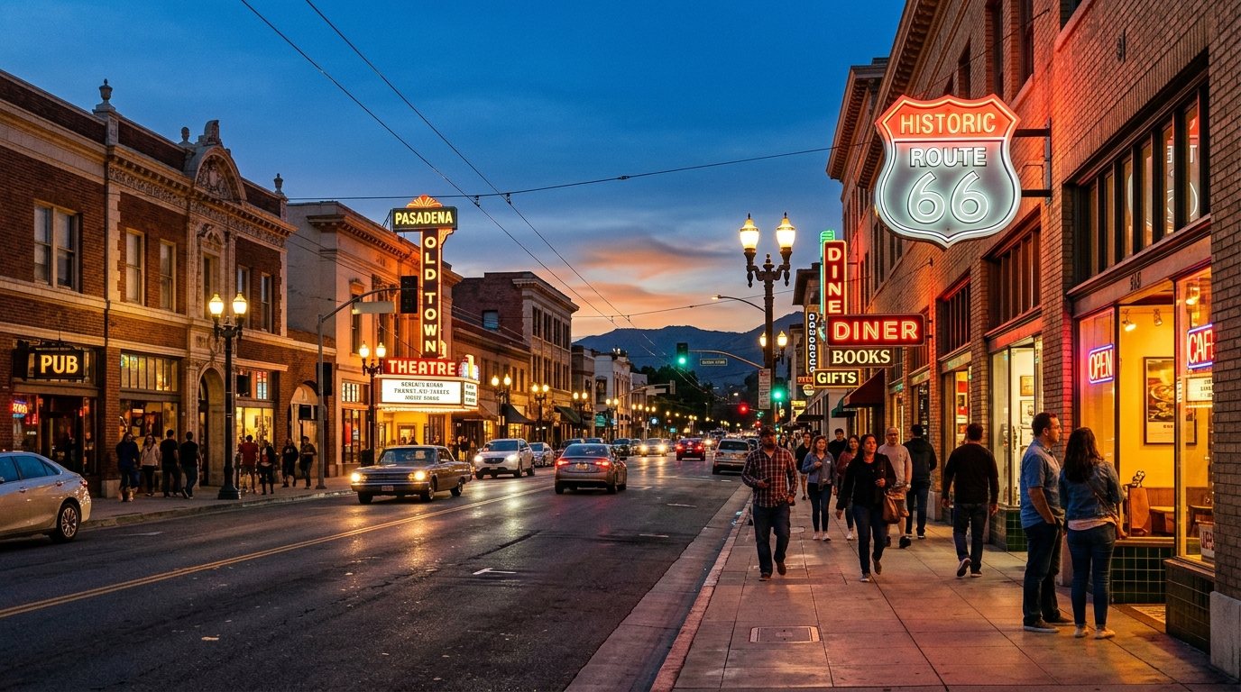 istoric Route 66 streetscape along Colorado Boulevard in Old Pasadena